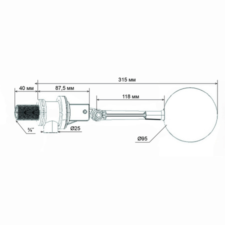 Клапан поплавковый G3/4 пластик шар, L= 315 мм Клапан поплавковый G3/4 пластик шар, L= 315 мм