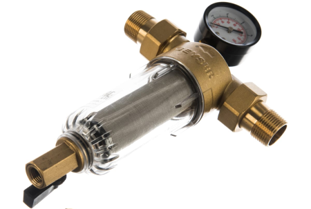 Бытовой магистральный фильтр Гейзер Бастион 112 3/4" для холодной воды с манометром